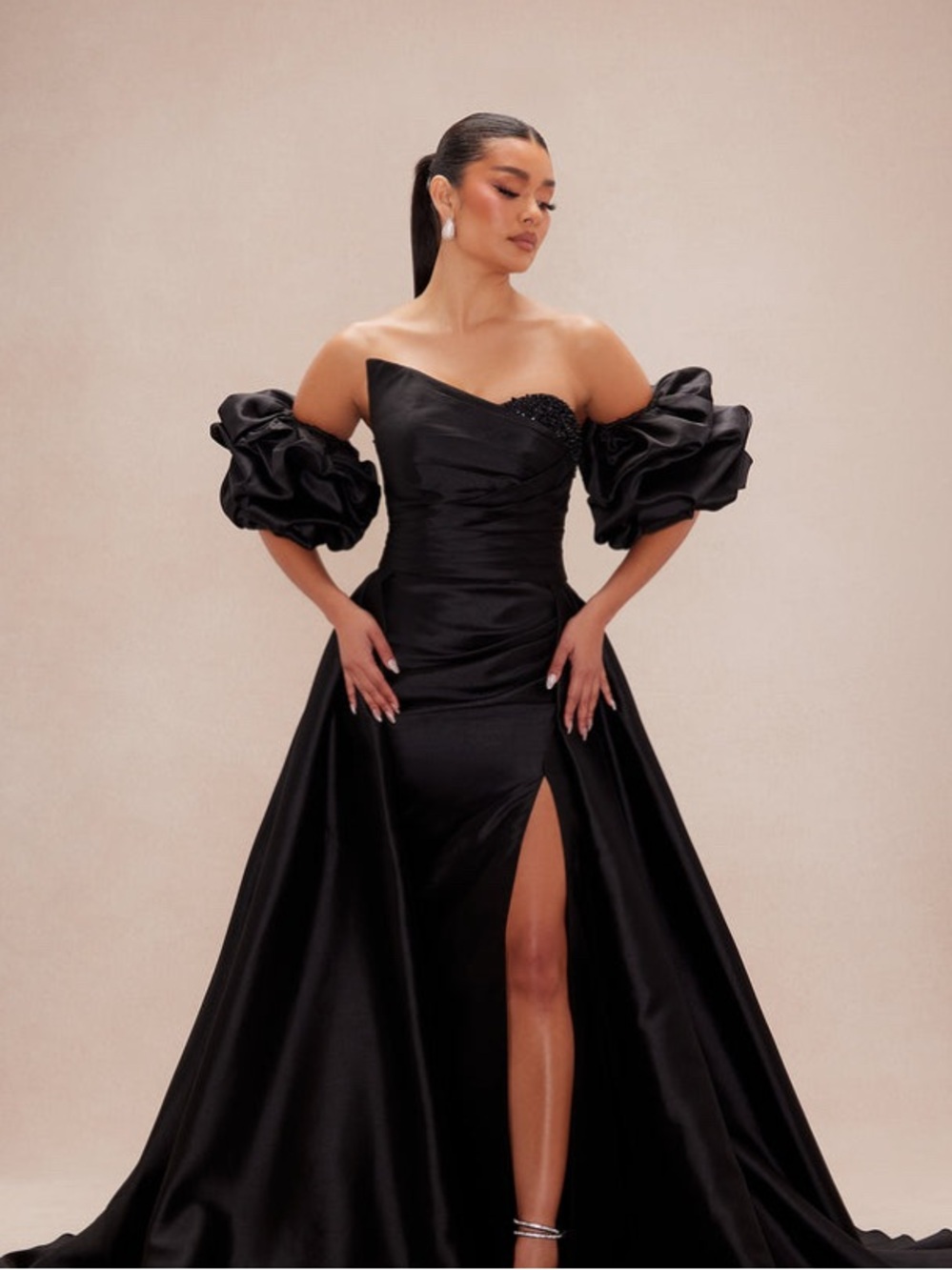 Off-Shoulder Black Satin Evening Gown with  Puff Sleeves